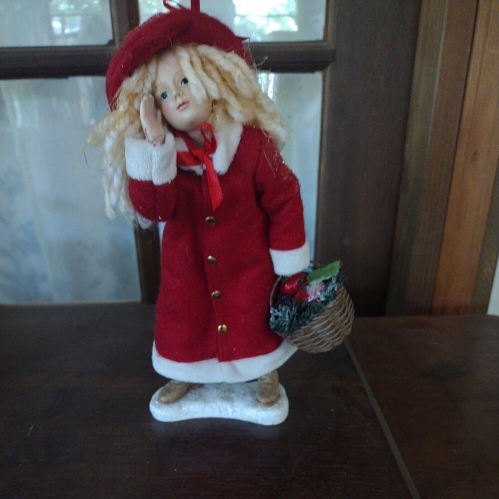 Victorian Girl Figurine Red Coat Hat Basket Frosted Winter Holiday Christmas